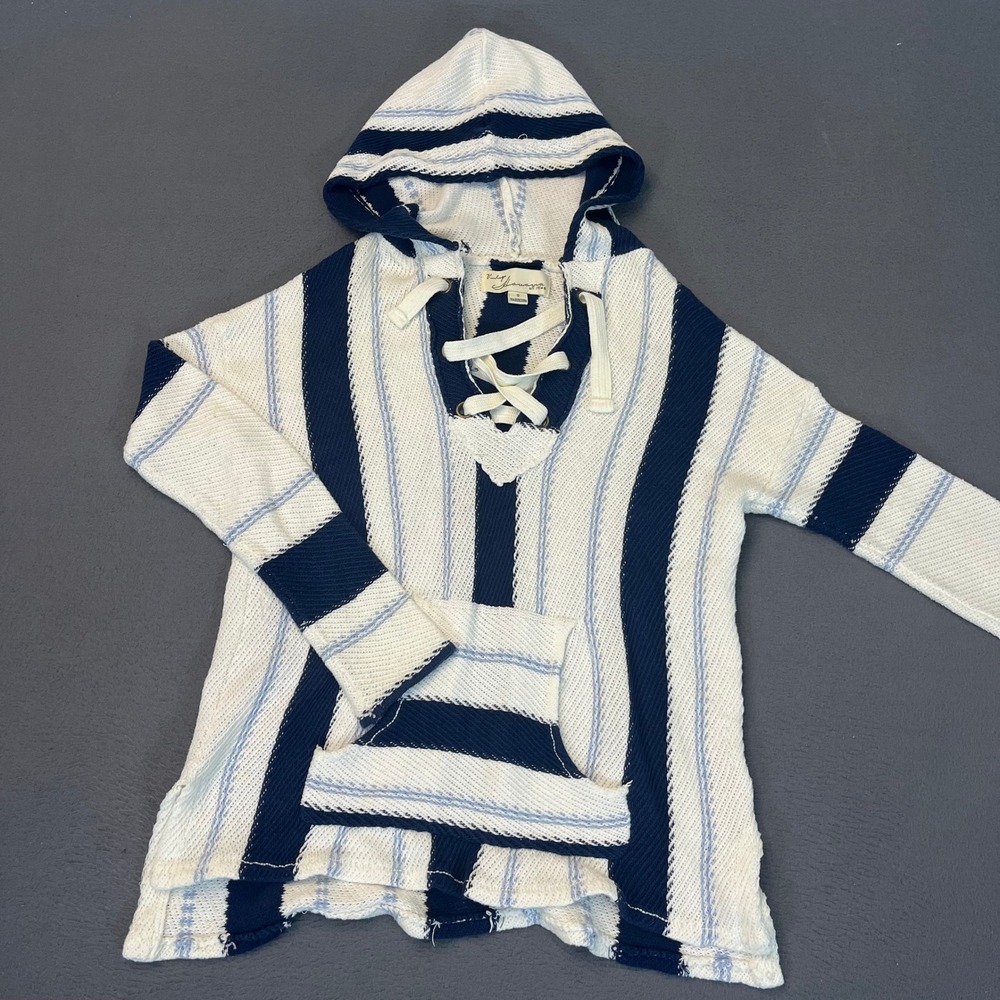 Vintage Havana Striped Lace Up Baja Hoodie Sweater Navy Blue White Small Beach